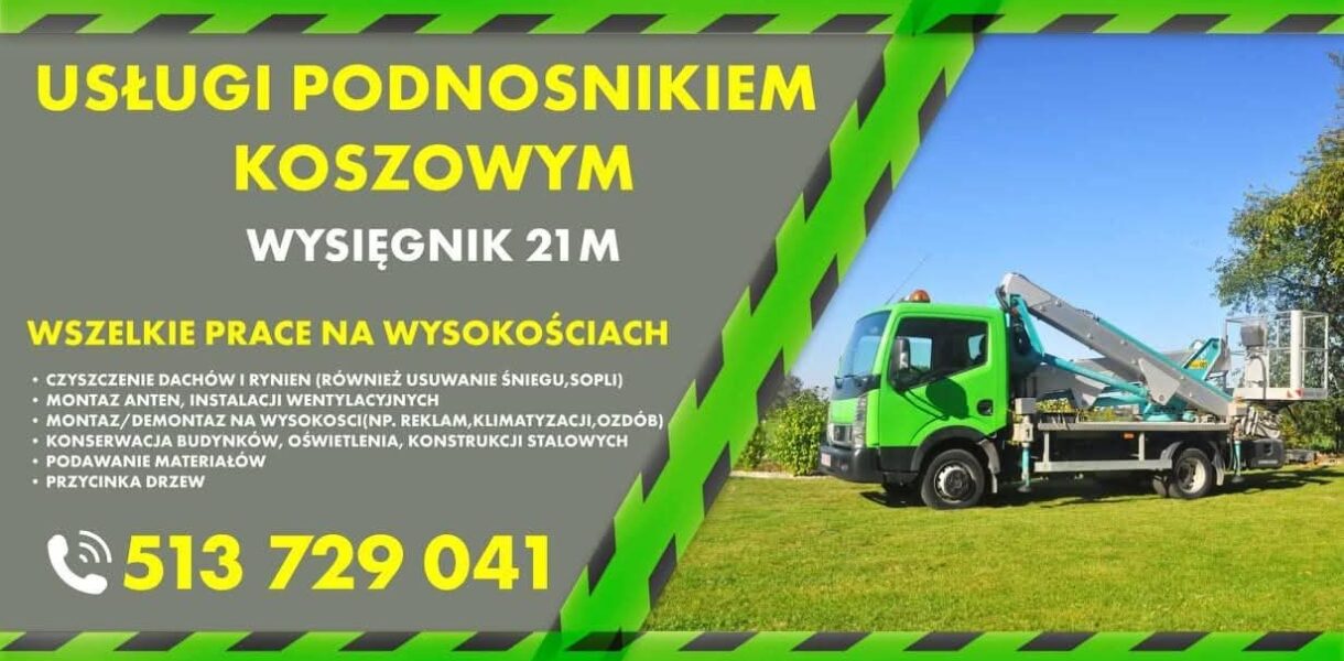 podnośnik koszowy płock, usługi podnośnikiem koszowym, prace na halach i obiektach przemysłowych, montaż oświetlenia, mycie elewacji i okien, prace ogrodowe, podnośnik płock